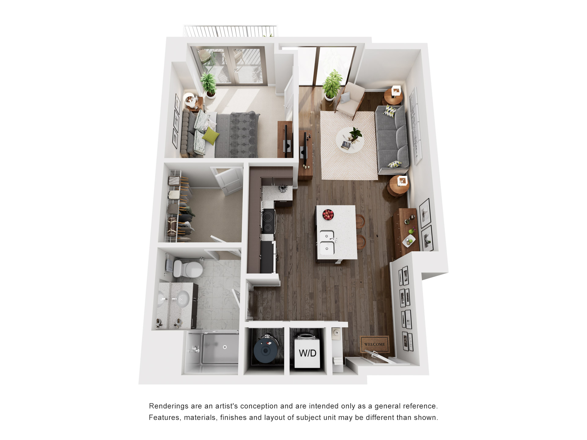 Floor plan for 1 bed, 1 bath, 725 sqft